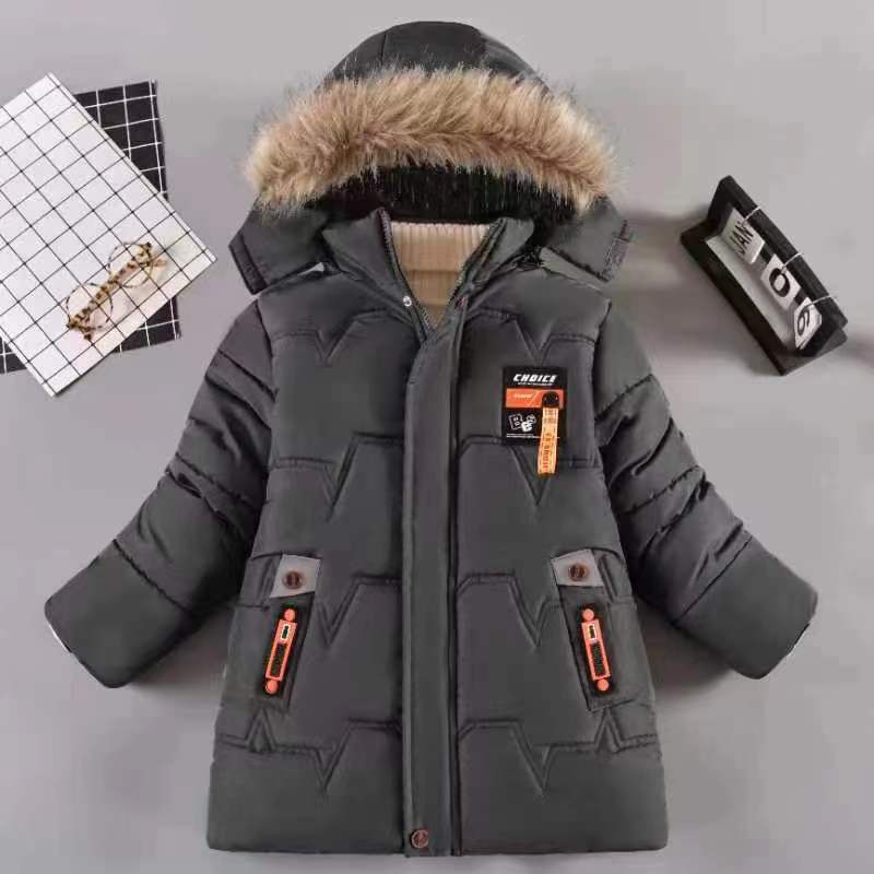 New Fashion Style Winter Keep Warm Boys Jacket Letter Lining With Plush Fur Collar Hooded Heavy Coat For Kids