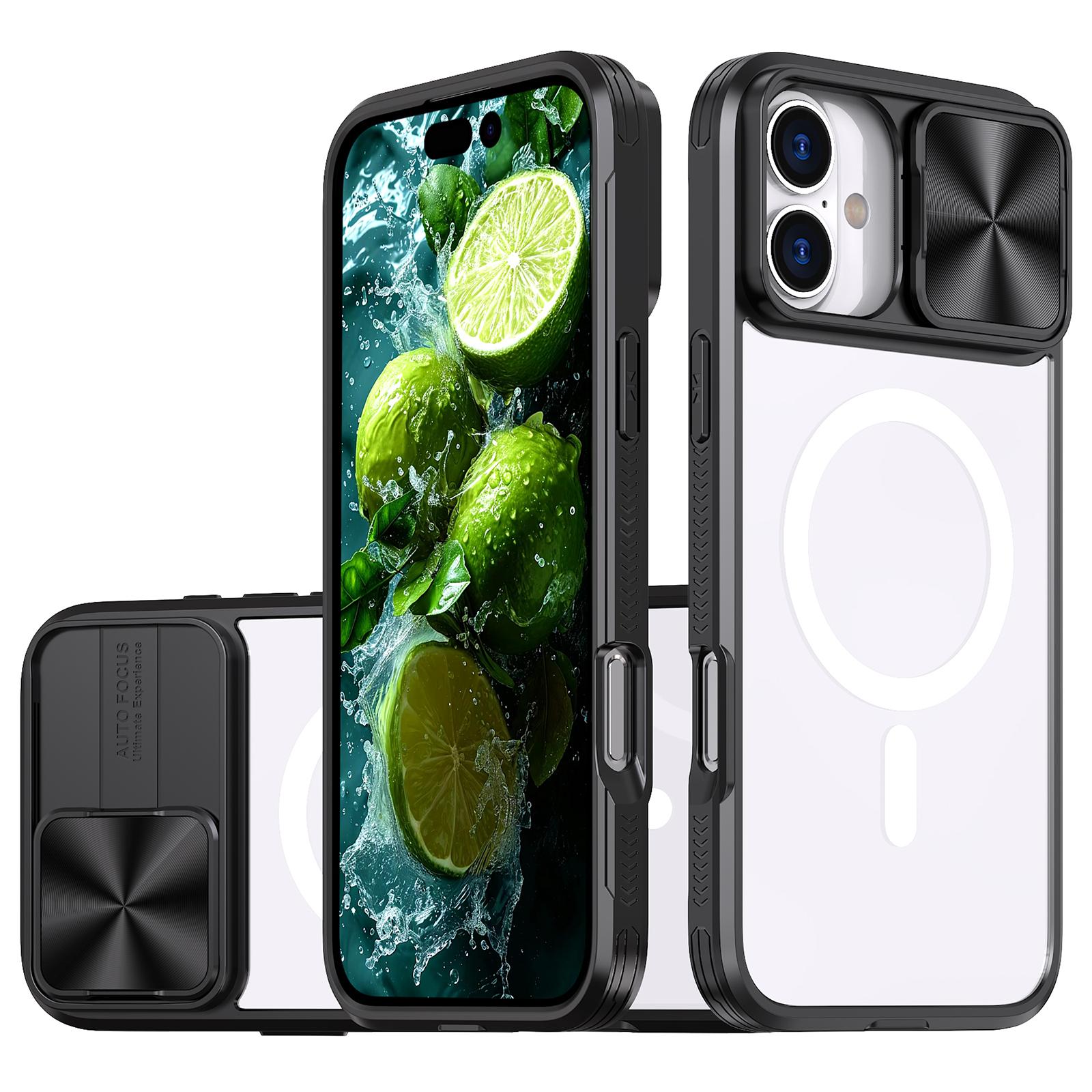 

For iPhone 16 Plus Clear Phone Case Compatible with MagSafe PC Cover with Camera Lens Slider Black