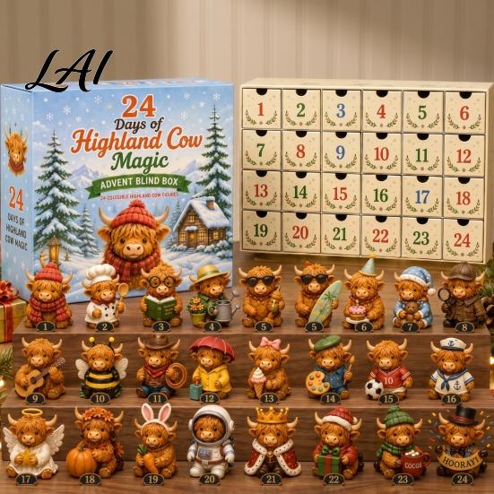 Farmářský styl Sváteční dekorace Kouzelný zvířecí adventní kalendář 24 dní Vysokohorská kráva/Kočka/Ovce/Červená ptáček Akrylová sada ozdob Sběratelské figurky 2D Ploché