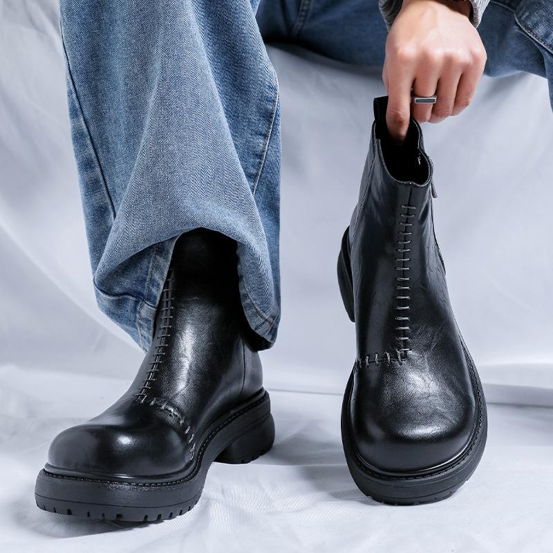 Men's genuine leather boots Classic casual style Work and Office Business Outdoor fashion autumn winter shoes Black Thick Bottom