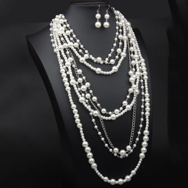 Elegant Multilayer Pearls Necklace and Earrings Set for Women Featuring Handmade Beading and Fashionable Designs