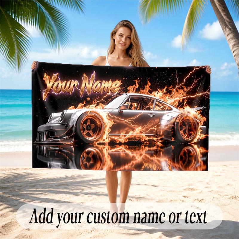 Car Racing Theme Beach Towel Personalized Custom Name & Text Soft Quick Dry Beach Towel for Swimming Travel