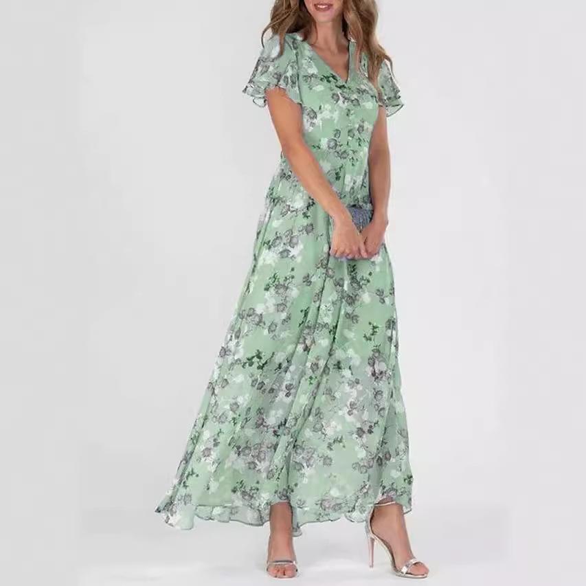 New beach pendulum long dress chiffon floral short-sleeved ruffle V-neck fashionable waist dress