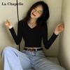 Dámský crop top La Chapelle s výstřihem do V a dlouhým rukávem