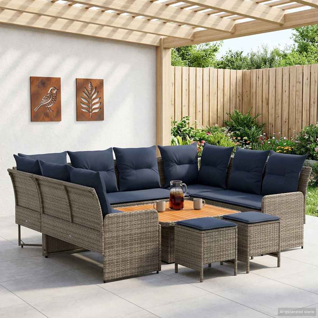 8 Piece Furniture Set with Cushions In Grey and Navy Blue PE Rattan