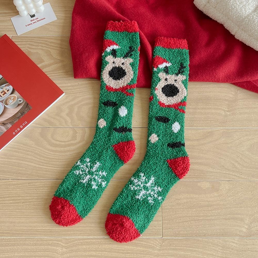 Snowflake Elk XmasTree Christmas Stocking Coral Fleece Thicken Floor Socks Fluffy Socks  For Women