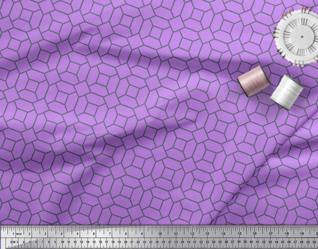Soimoi Purple Japan Crepe Satin Fabric Octagon Art Geometric Print Sewing Fabric Metre 42 Inch