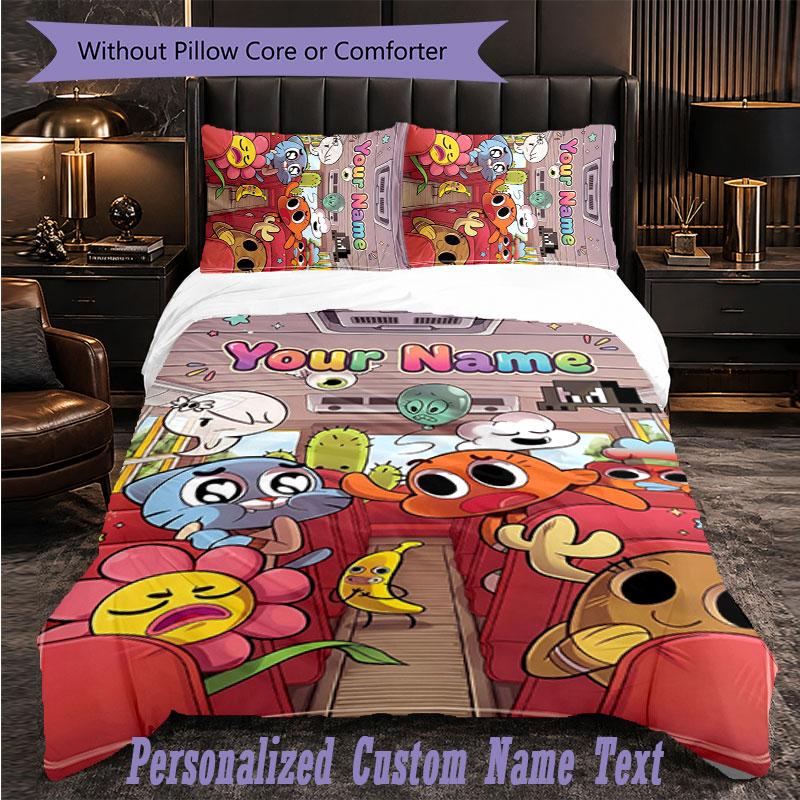 Set de Lenjerie de Pat Personalizat 3 Bucăți Lumea Uimitoare a lui Gumball Husa de Plapumă cu Text Personalizat Set de Fețe de Pernă Cadou pentru Dormitor