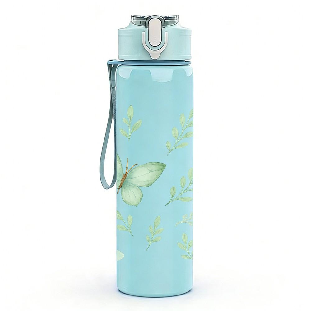 1PC Soft Pink Green Butterfly Floral Print 750ml Color Plastic Sports Water Bottle Leakproof Flip Straw Lid Suitable for Sports Office Home Use