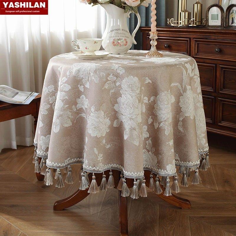 

European-Style round Tablecloth round Tablecloth Coffee Table Cloth Accessible Luxury Modern American Rectangular Tablecloth Fabric Cotton and Linen Champagne Turntable set 80cm