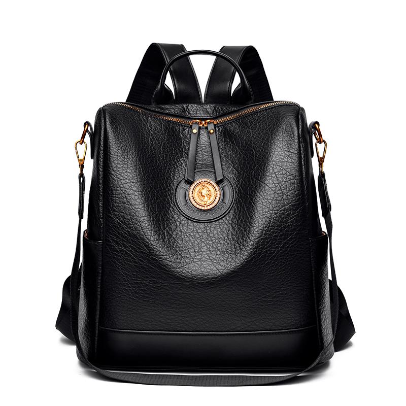 Women PU Leather Backpack Multifunctional Vintage Badge Shoulder Bag Large Capacity Anti‑theft Travel Crossbody Bag Casual Ladies Handbag For Daily