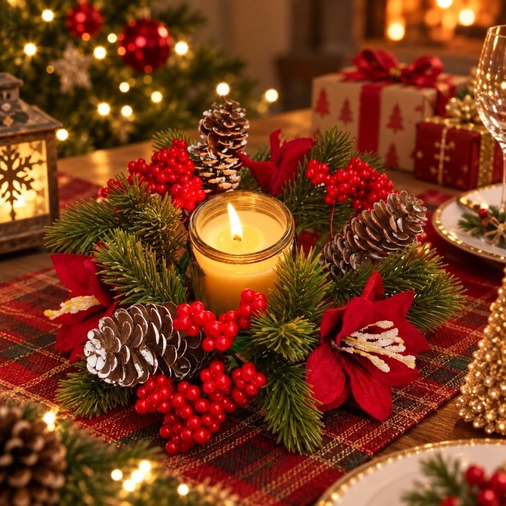 Flower Artificial Wreath Candle Rings Red Berry Pillar Candlestick Wreath Candle Holder Party