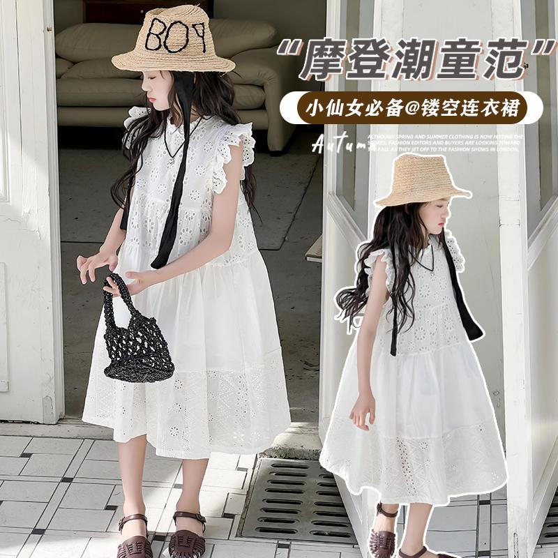 Girls' White Dress Summer Dress 2026 New Mid Size Children's Flying Sleeve Princess Skirt Hollowed Out Beach Skirt Stylish