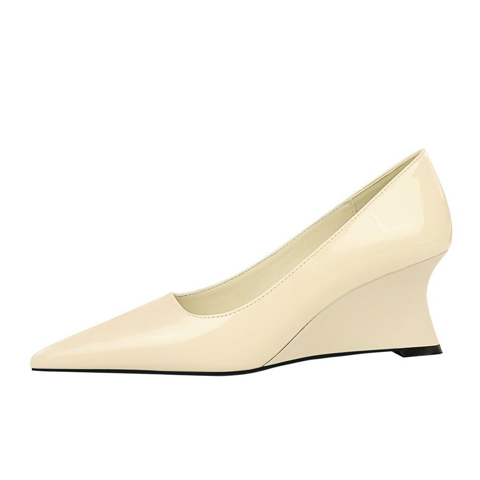 Slope Heeled Shoes for Women, High Heels, Slope Heels, Shallow Mouth, Pointed Toe, Patent Leather Single Shoes, Slope Heels