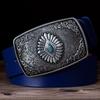 Classical Silver Carved Flower Pattern Buckle Enamel Sapphire Genuine Leather Belt For Women Men Belts Gift