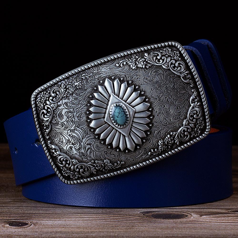 Classical Silver Carved Flower Pattern Buckle Enamel Sapphire Genuine Leather Belt For Women Men Belts Gift
