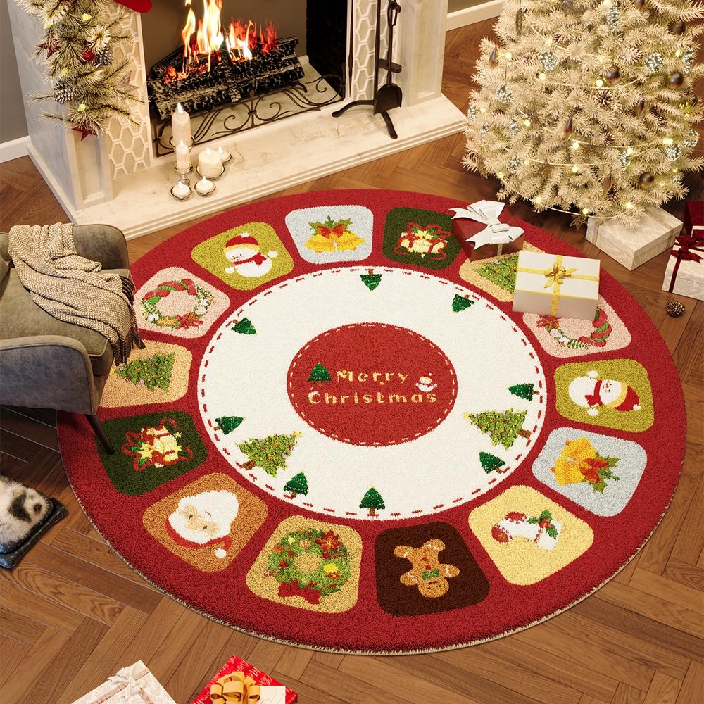 Christmas Winter Warm Synthetic Cashmere Round Rug For Living Room And Bedroom Slippery Floor Mat Home Decoration