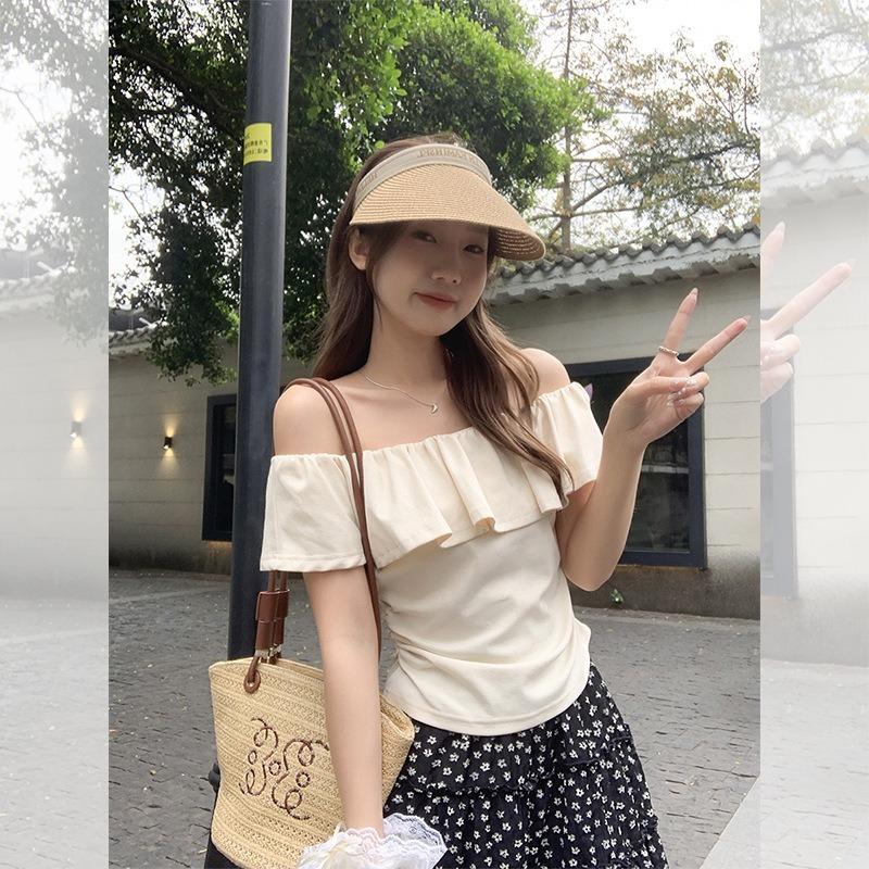 Ruffled One-line Collar Off-shoulder Design Short-sleeved Women's Summer New Pleated Waist Niche Top