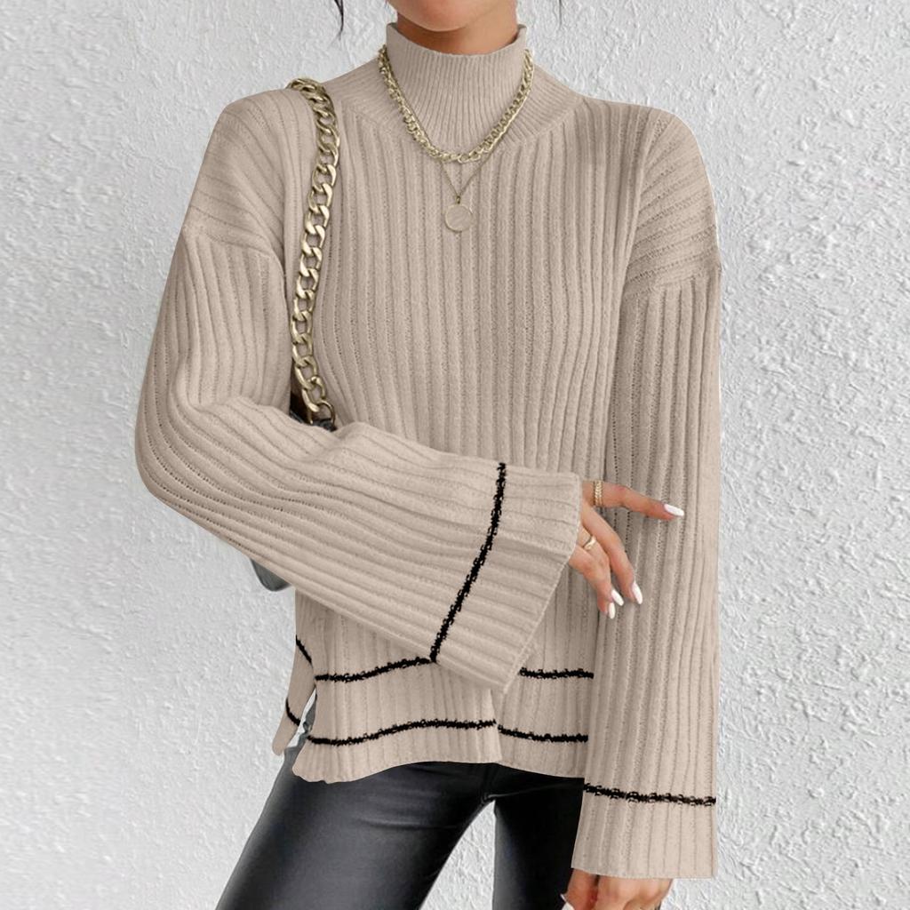 Women's Casual Fashion Colorblock Knitted Brushed Turtleneck Long Sleeve Top