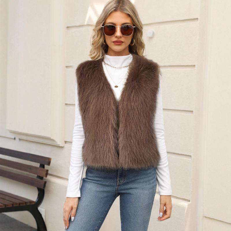 Women's Striped Faux Fur Vest Sleeveless Open-Front Warm Waistcoat
