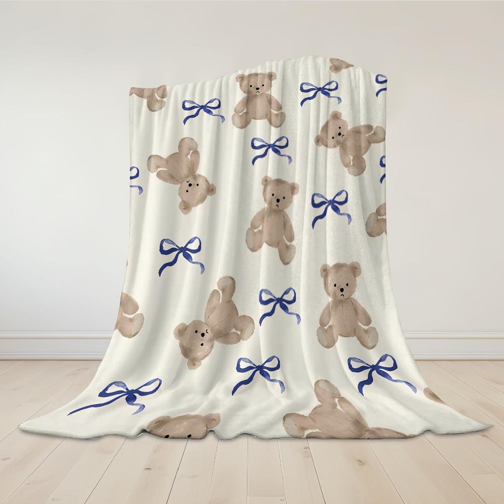 Beiger Bär & Blaue Schleifen Flanelldecke Warm Weich Halloween Weihnachten Sofa Warm Gemütlich Dekorative Deko Geschenk für Jede Jahreszeit