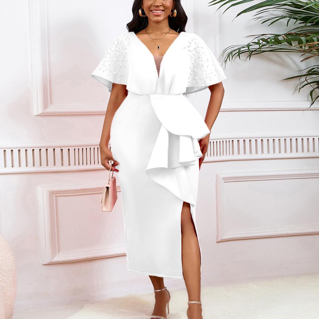 Elegant V Neck Dresses Women Summer Short Sleeve Ruffles Split Ankle Length Beaded Luxury Female Party Dress