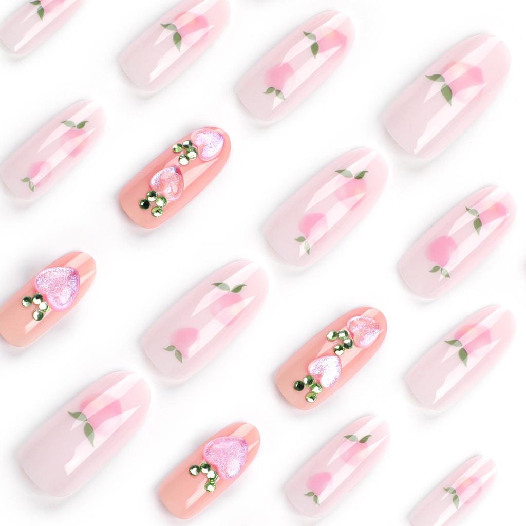 Fresh Pink Peach Gemstone Manicure Tips - New Xiaohongshu Style Wearable False Nails