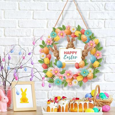 12x12 Inch/30x30 Cm Easter Wooden Hanging Door Sign Rabbit Egg Decorative Plaque for Easter Front Door Decor
