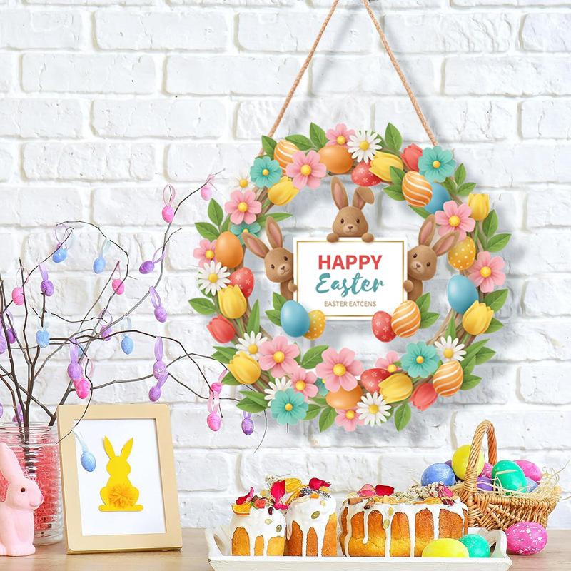 12x12 inch/30x30 cm Easter Wooden Hanging Door Sign Rabbit Egg Decorative Plaque for Easter Front Door Decor