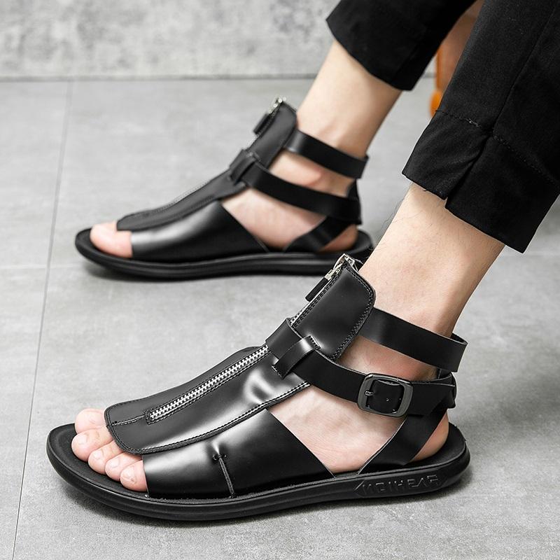 Summer New Men Gladiators High Qualit Leather Casual Shoes Breathable Beach Sandals Outdoor Slippers Black White Big Size