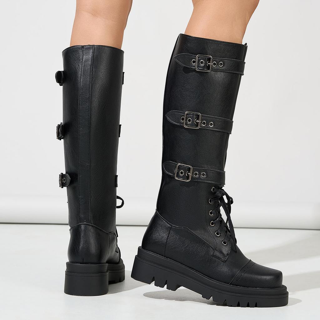 Autumn and Winter Ebay Casual Mid-heel Knight Boots Versatile Belt Buckle High Boots Women