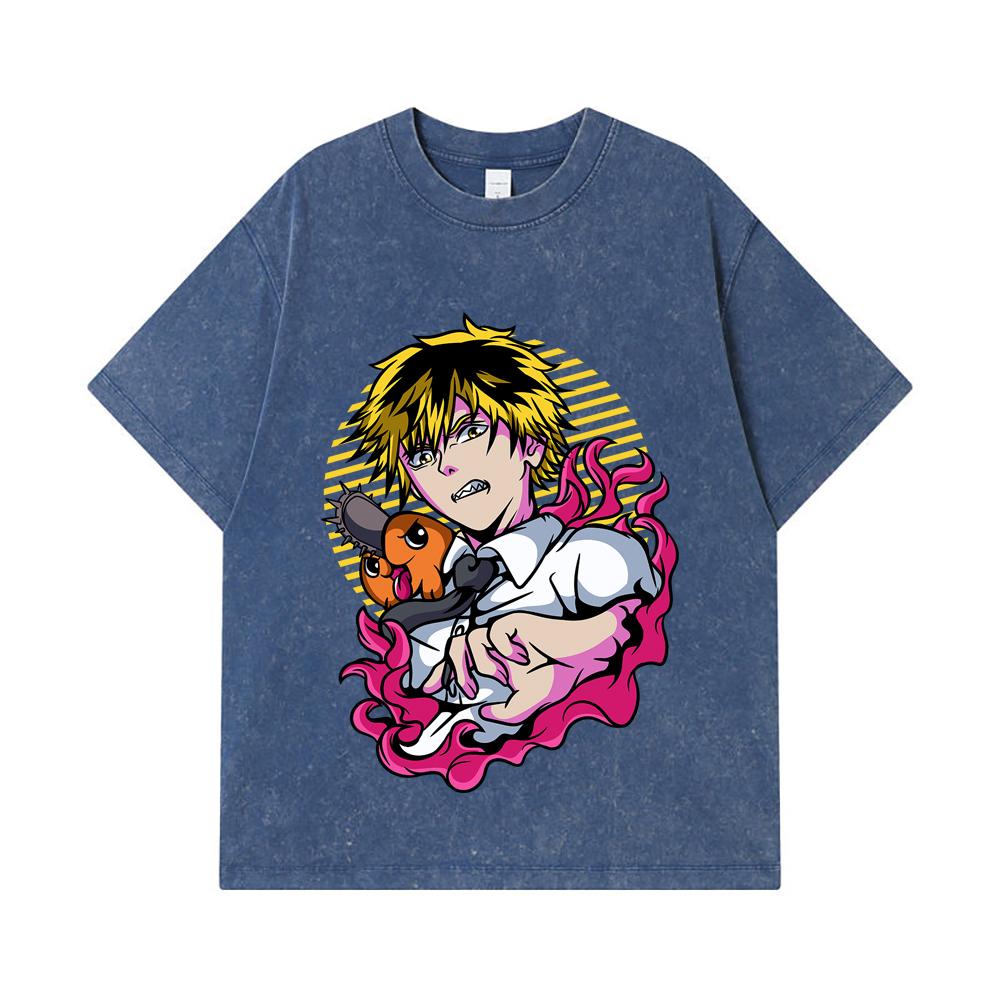 

275 GSM Washed T-shirts 100% Cotton Chainsaw Man V4 Denji Pochita Print Unisex Heavy Cotton T Shirt 2XL королівський синій колір
