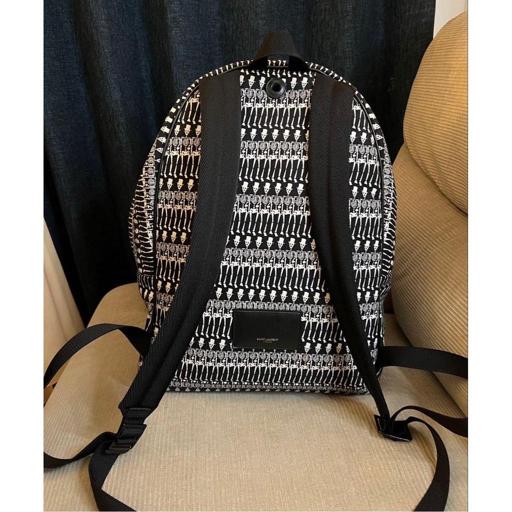 Used Authentic SAINT LAURENT Skull Pattern Skull Rucksack Bag Canvas Black x White
