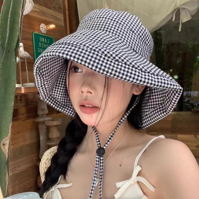 Ladies' Thousand Bird Grid Fisherman's Hat Wide Brimmed Hat Sunshine Summer Leisure Beach Outdoor