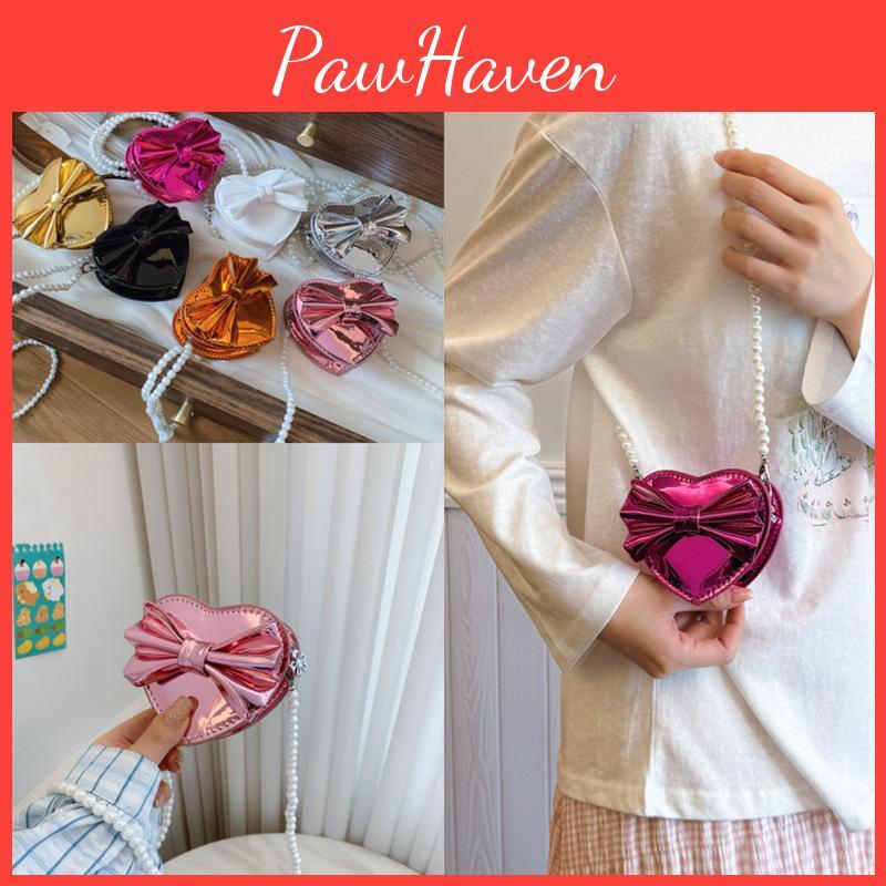 Heart Mini Shaped Bow Pearl Chain Bag With Zipper Closure For Daily Use Casual