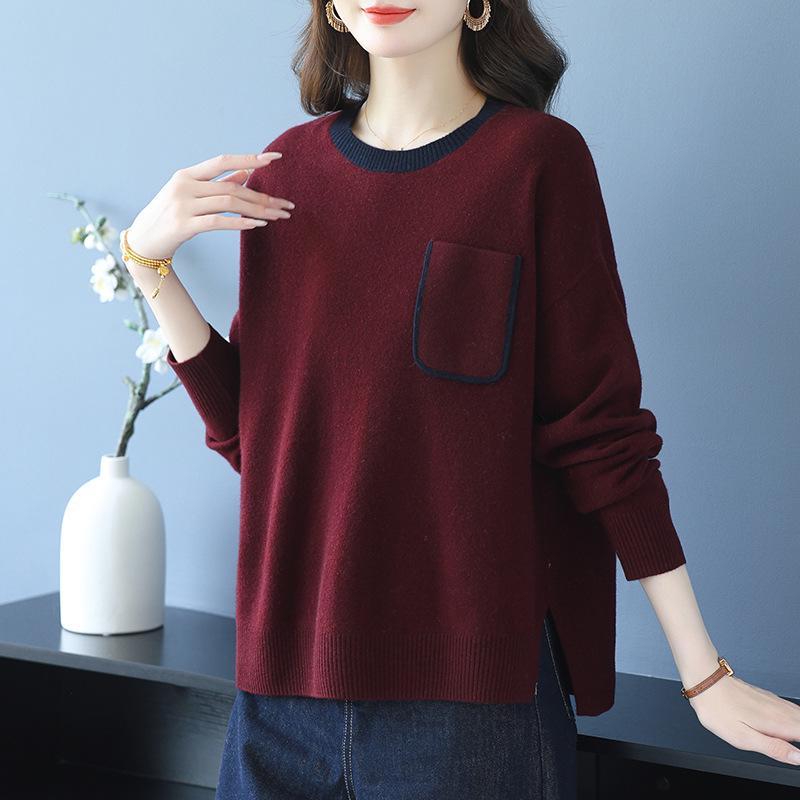 Women's Loose Pure Wool Sweater: Thickened Autumn/Winter, Round Neck, Single Pocket, Stylish Middle-Aged Mother's Knitwear.
