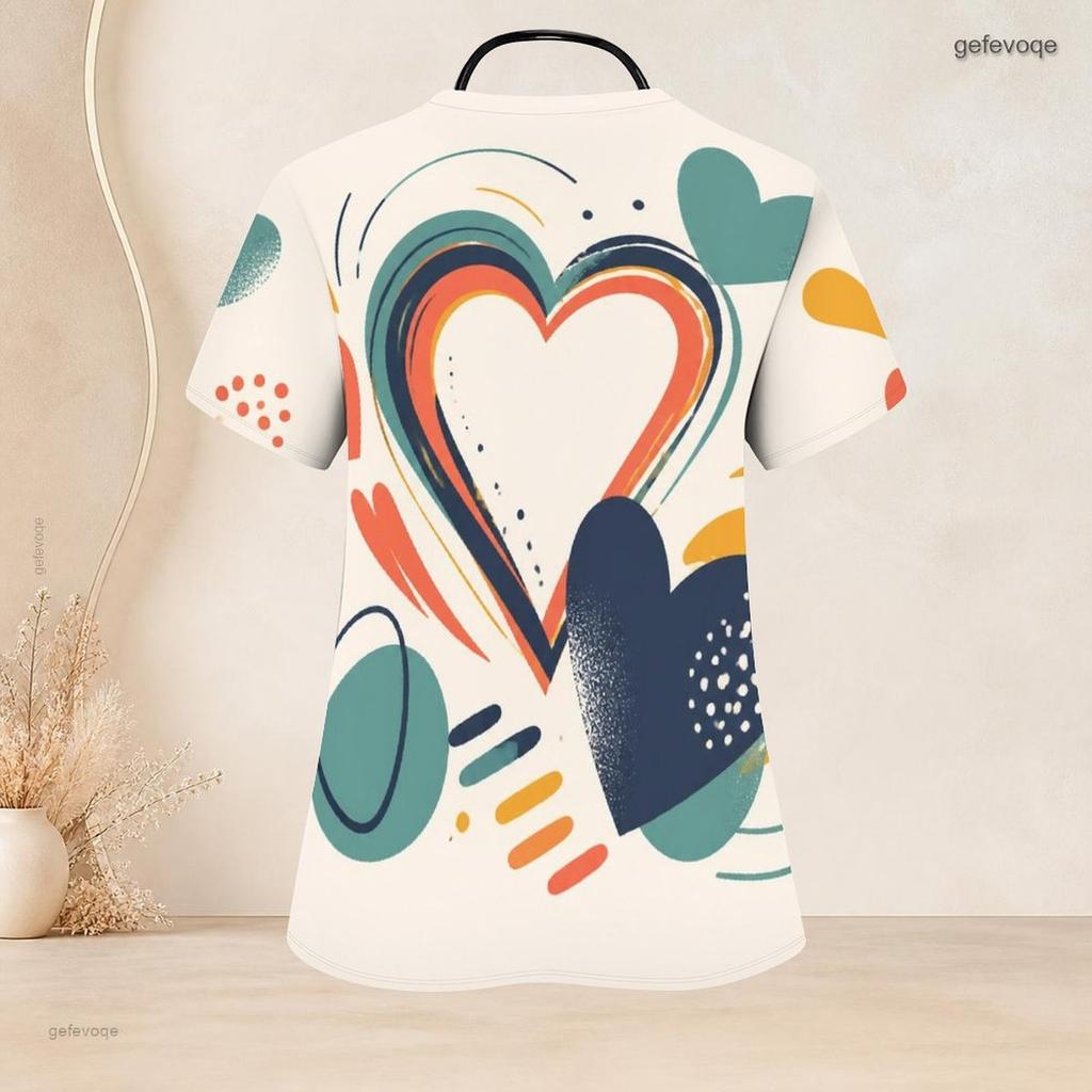 Women Plus Size V Neck Short Sleeve Scrub Top Minimalist Golden Line Intertwined Heart Print Nurse Uniform Top