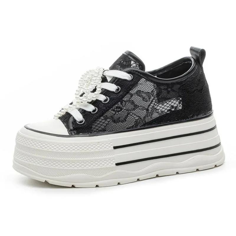 8CM Air Mesh Lace Micrifiber Leather Breathable Platform Wedge Women Vulcanize Hollow Summer String Bead Chunky Sneakers Shoes