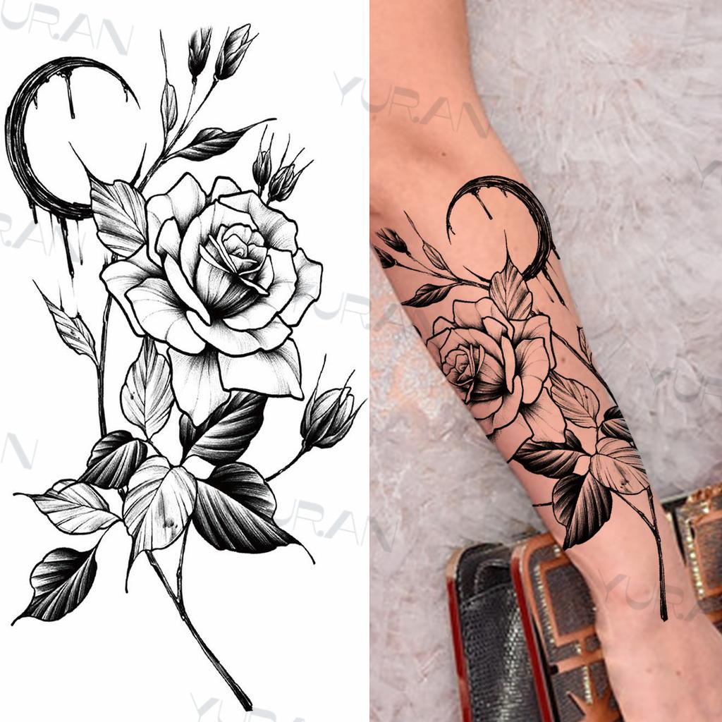 Zwarte Grote Slang Bloem Fake Tattoo Sticker Voor Vrouwen Dot Rose Pioen Tijdelijke Tattoos DIY Water Transfer Tatoos Meisjes