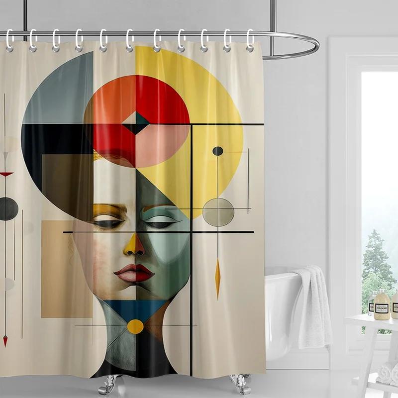 

Abstract Face Shower Curtain - Bold Blue & Pink Geometric Portrait, Waterproof With Grommets, Modern Art Bathroom Decor W60H190(CM)-1 Pcs