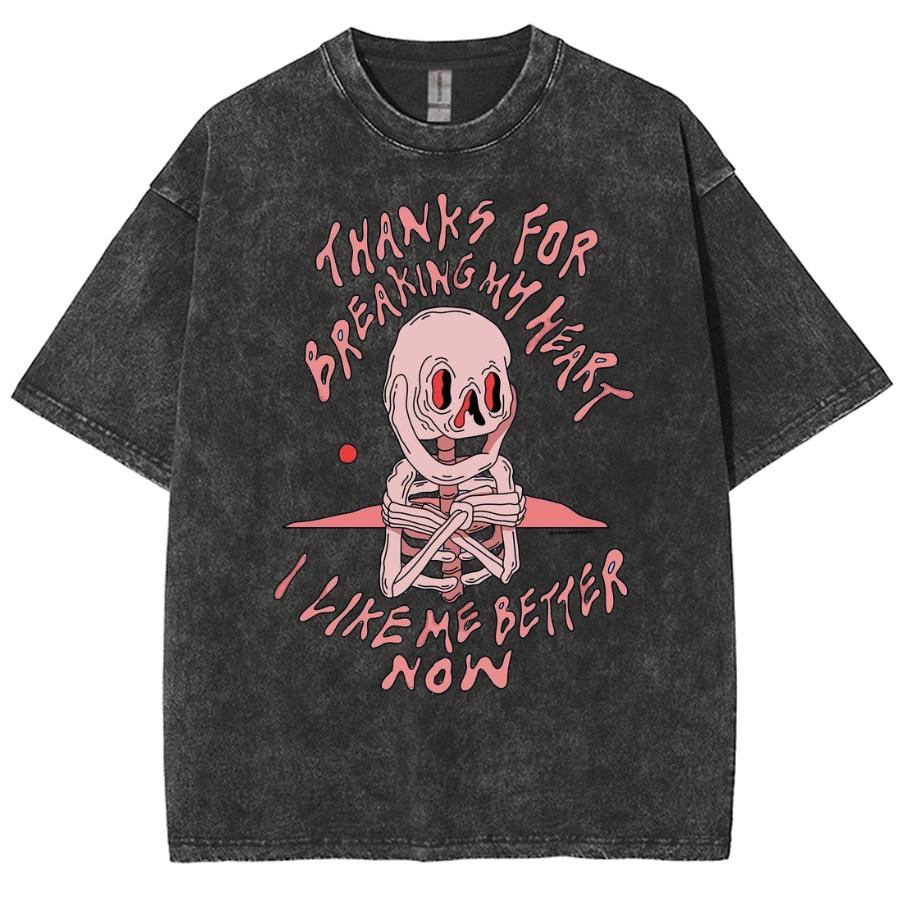Pink Skull Print Women's Washed Denim T-Shirt Oversized Unisex Half Sleeve Spoof High Street Harajuku Style Summer