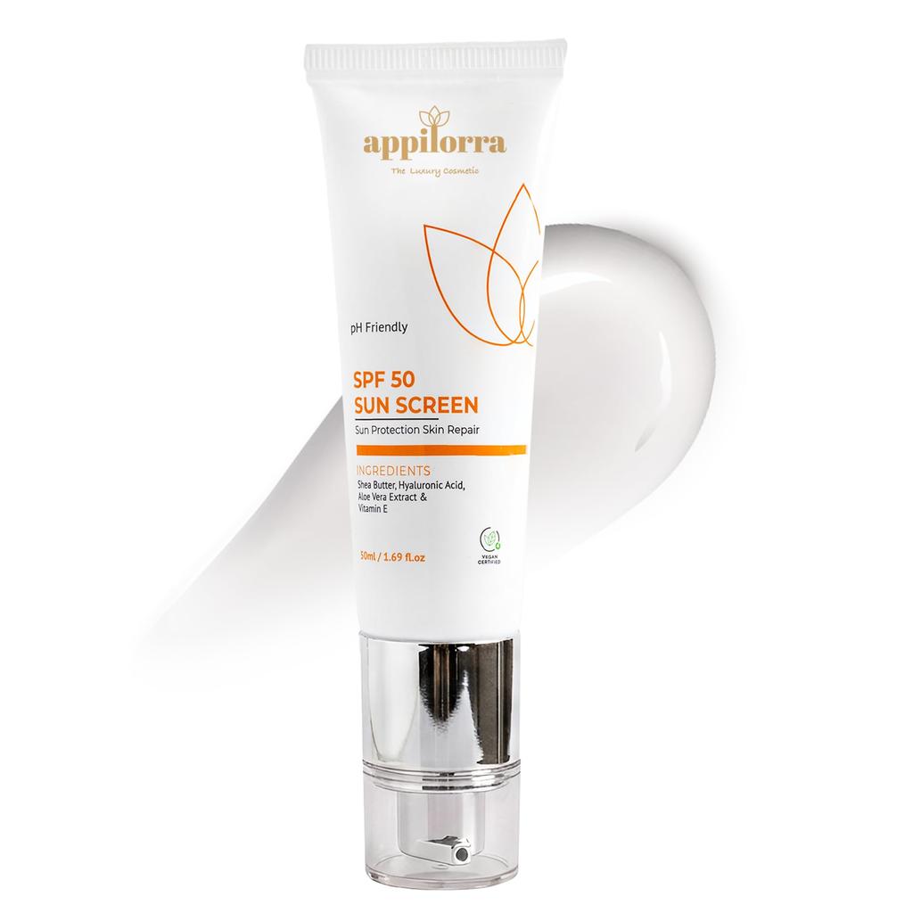 appilorra Sunscreen SPF 50 PA+++ with Shea Butter, Hyaluronic Acid, Aloe Vera & Vitamin E | UVA/UVB Protection, Non-Greasy & Water Resistant | No W