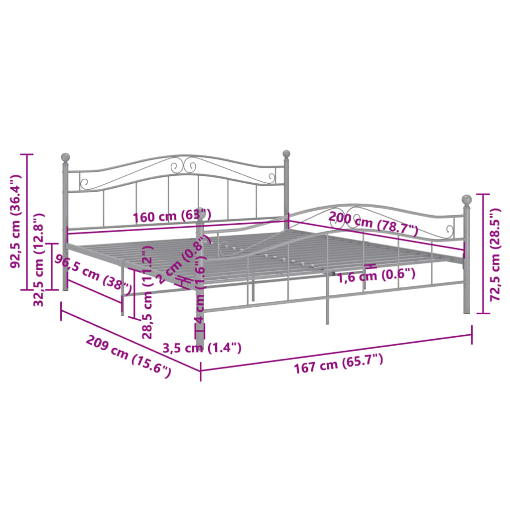 Double Bed Frame Gray Metal 160 X 200 Cm