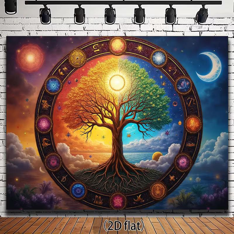

2D Astrology Tree Backdrop, Celestial Wheel Background for Mystical & Wiccan Events 47.2x31.5inch/120*80cm