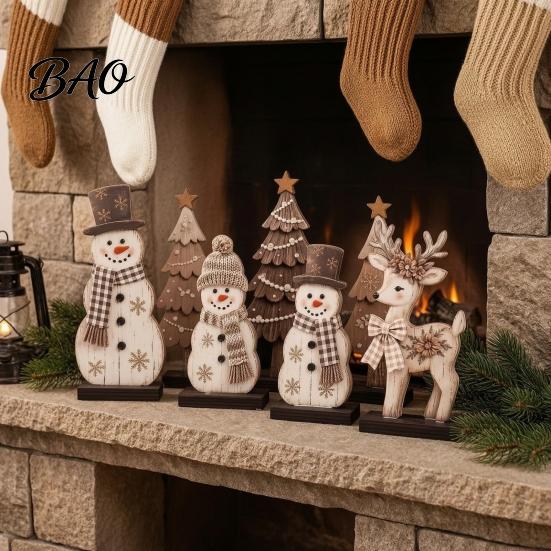 Decorative Items for Windowsills 7Pcs Christmas Snowman Tree Reindeer Figurines, 2D Wooden Tiered Tray Holiday Wood Ornaments Decor, Rustic Farmhouse