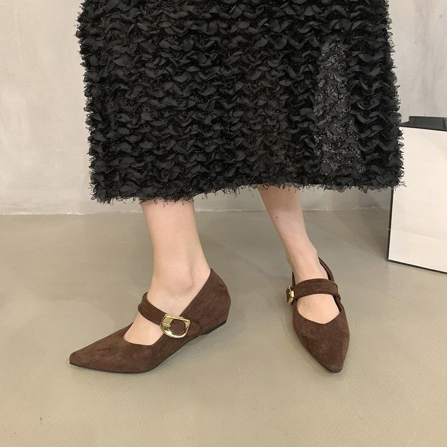 Wedge heel retro pointed head shallow mouth single shoes women's spring and autumn temperament with skirt commuting Mary Jane shoes
