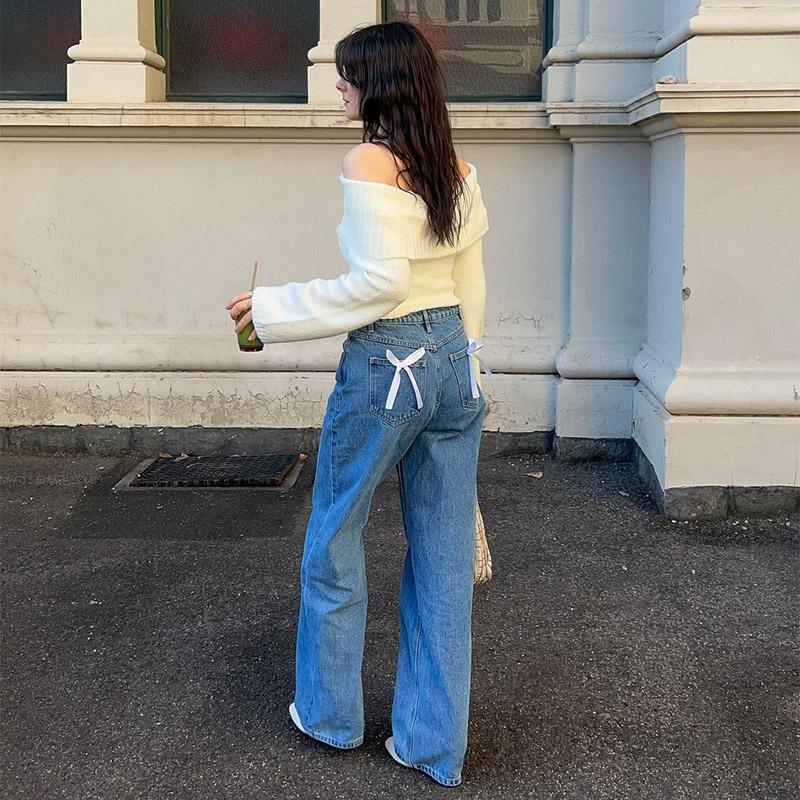 Vintage Bow Straight Jeans Women Causal Loose Zipper High Waist Trousers Spring Denim Pants with Pockets
