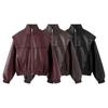 Autumn New, Retro Stand-up Collar Zipper Fake Two-piece Lychee Leather Pattern Jacket
