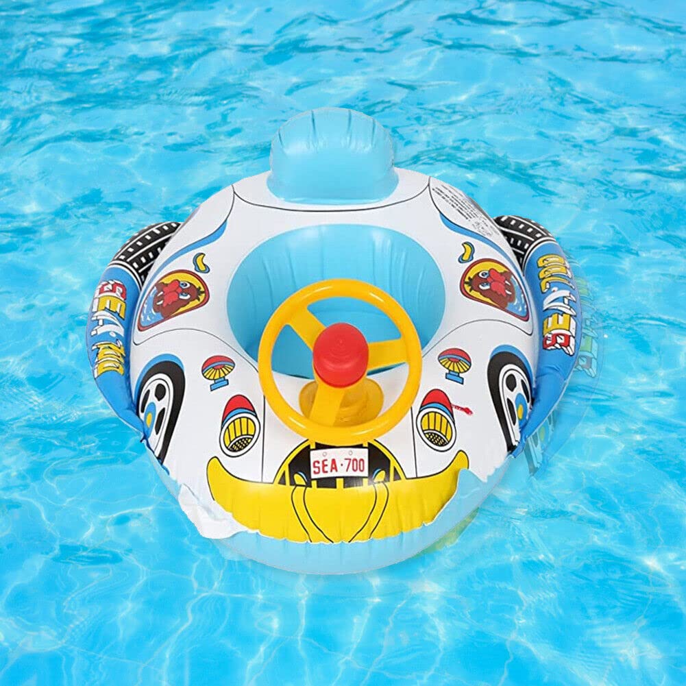 Car-shaped baby boat for toddlers, with footrests, handlebars, and a fun, stable design for swimming. A stylish and fun inflatable float perfect for