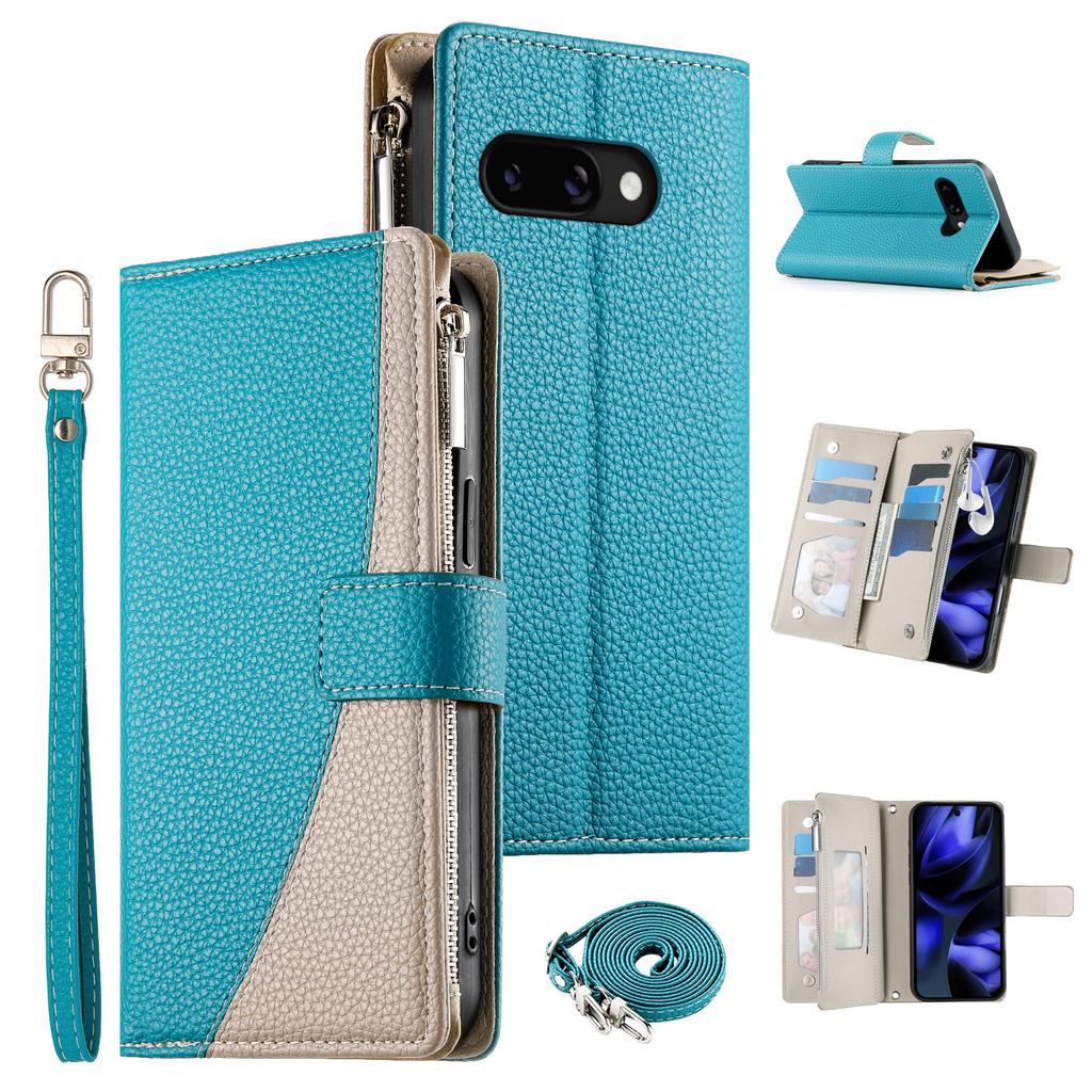 For Google Pixel 9a Case Zipper Wallet Color Splicing Leather Flip Phone Cover with Straps
